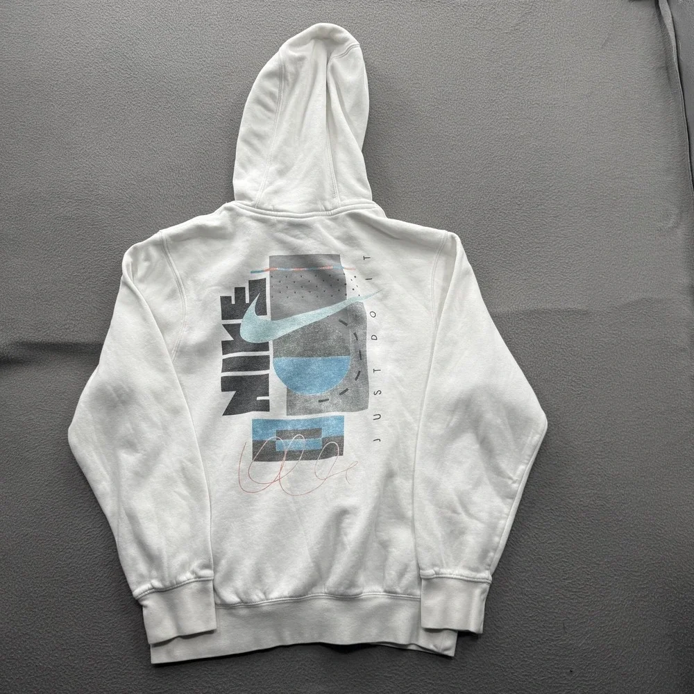 Nike Hoodie Mens Small White Just Do It Back Graphic Pullover Fleece Sweatshirt
